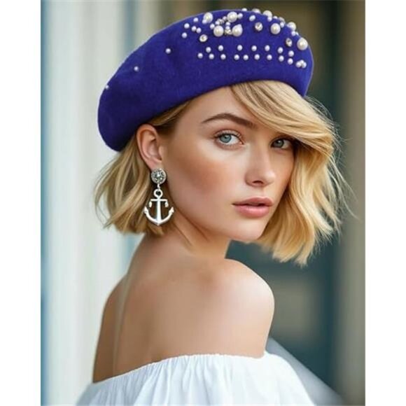 Women\'s French Wool Beret with Pearl & Rhinestone Embellishments Beanie Cap